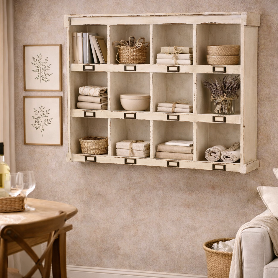 Heritage Pigeon Hole Storage Unit, Distressed White