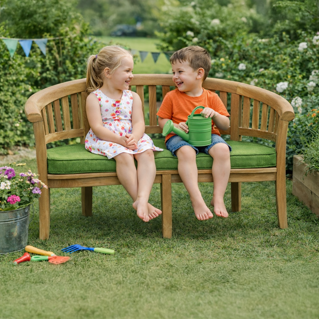 Mini Sienna Childrens Peanut Garden Bench With Green Cushion